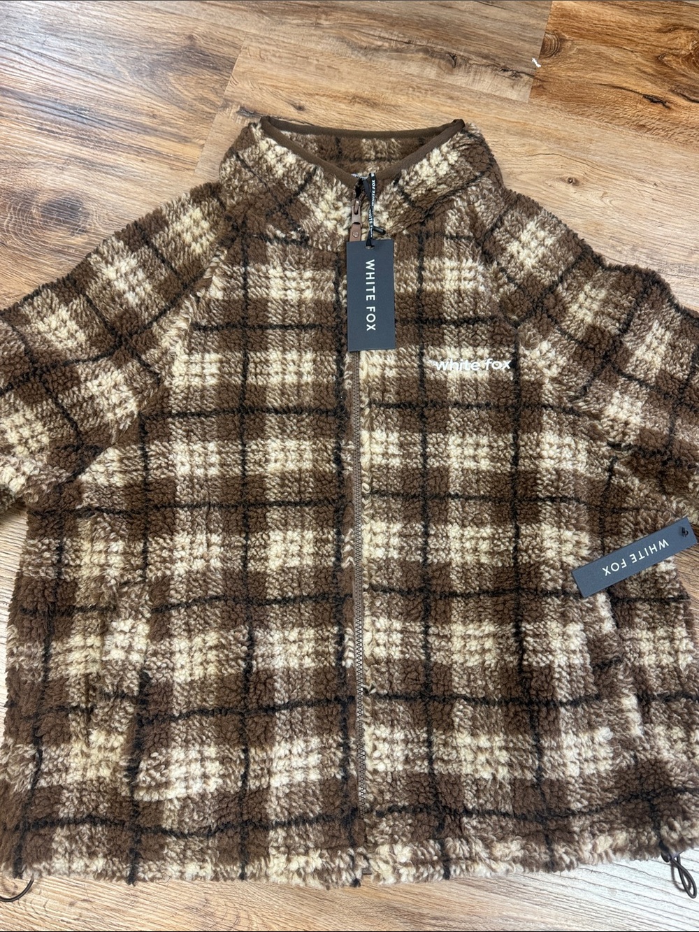White Fox Brown Plaid Fleece Jacket S/M NWT